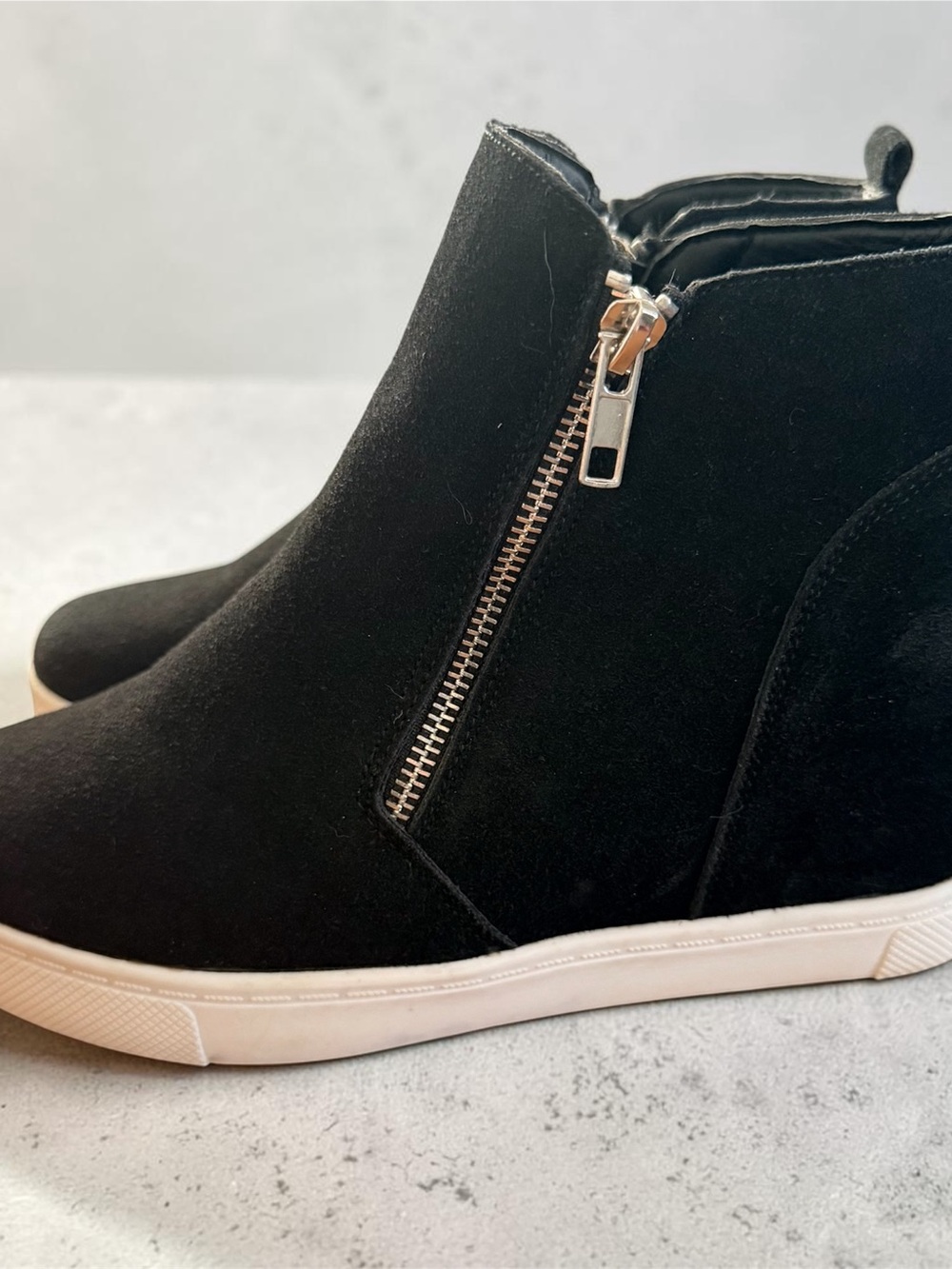 Black Suede Wedge Ankle Booties with Side Zip
